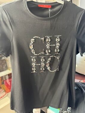 Carolina Herrera Black Short Sleeve Tee with Crystal Embellishment